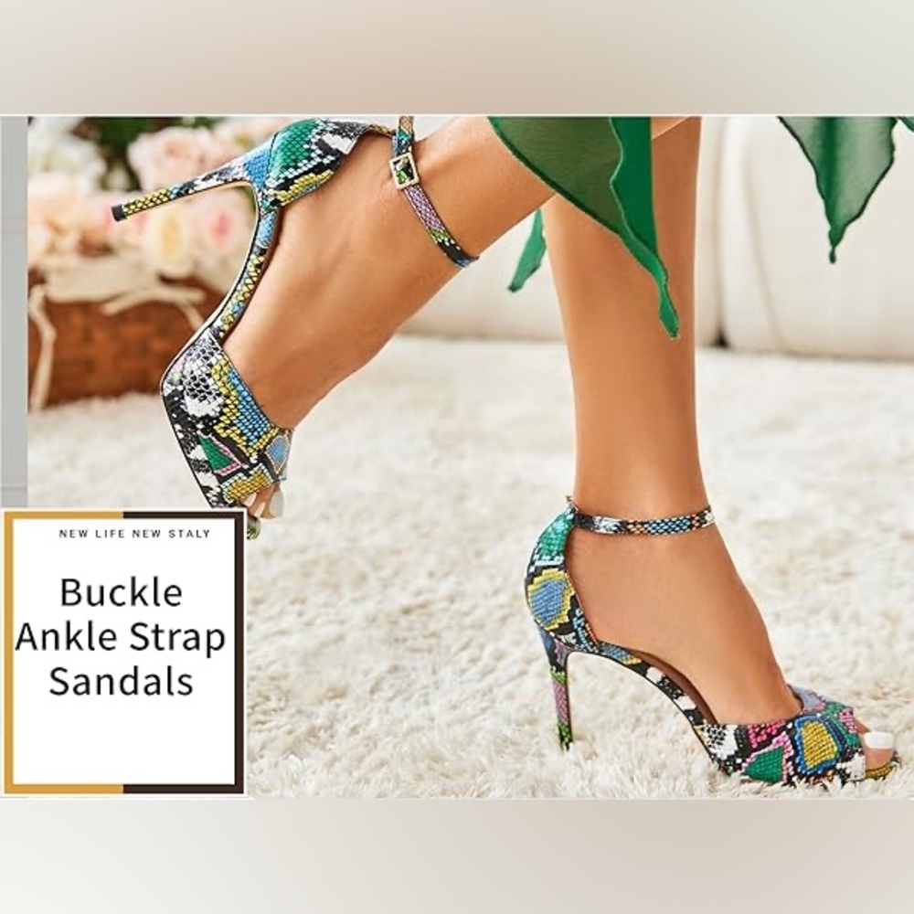 Coutgo Multicolor Snake-Print Ankle-Strap Stiletto Heels